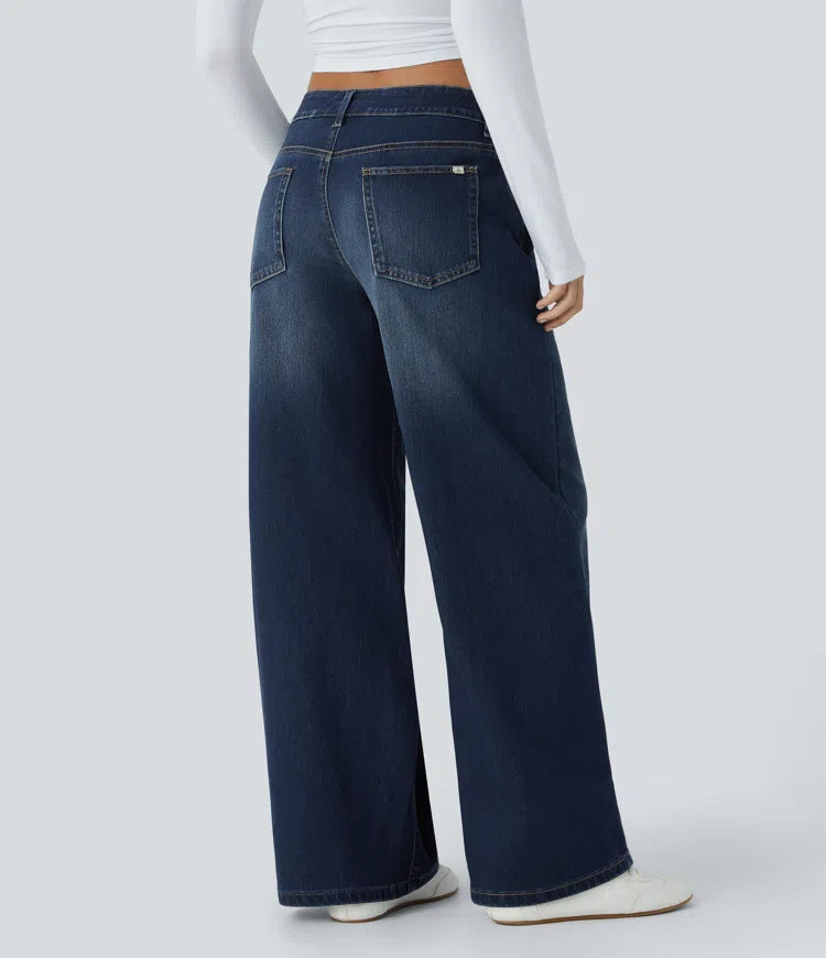 Halara Flex Asymmetric Low Rise Zipper Pockets Baggy Wide Leg Washed Casual Jeans