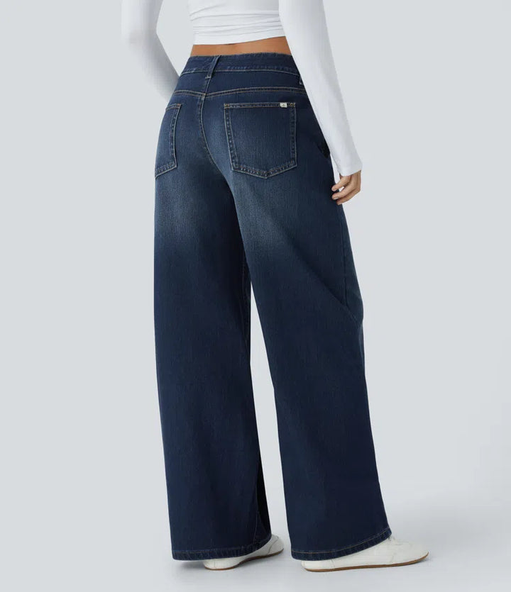 Halara Flex Asymmetric Low Rise Zipper Pockets Baggy Wide Leg Washed Casual Jeans
