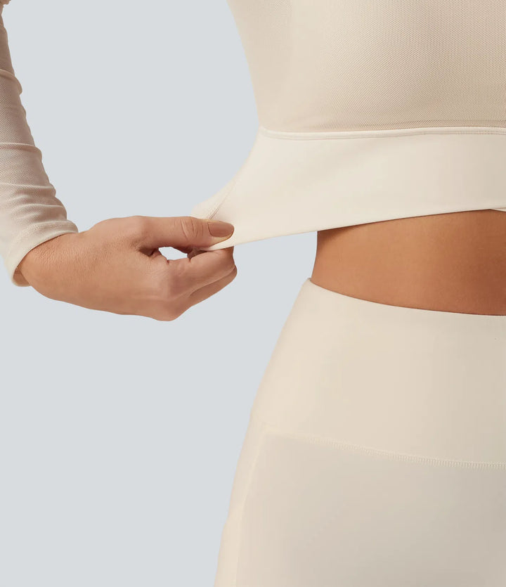Mock Neck Long Sleeve Non-Removable Pad Mesh Cropped Yoga Sports Top