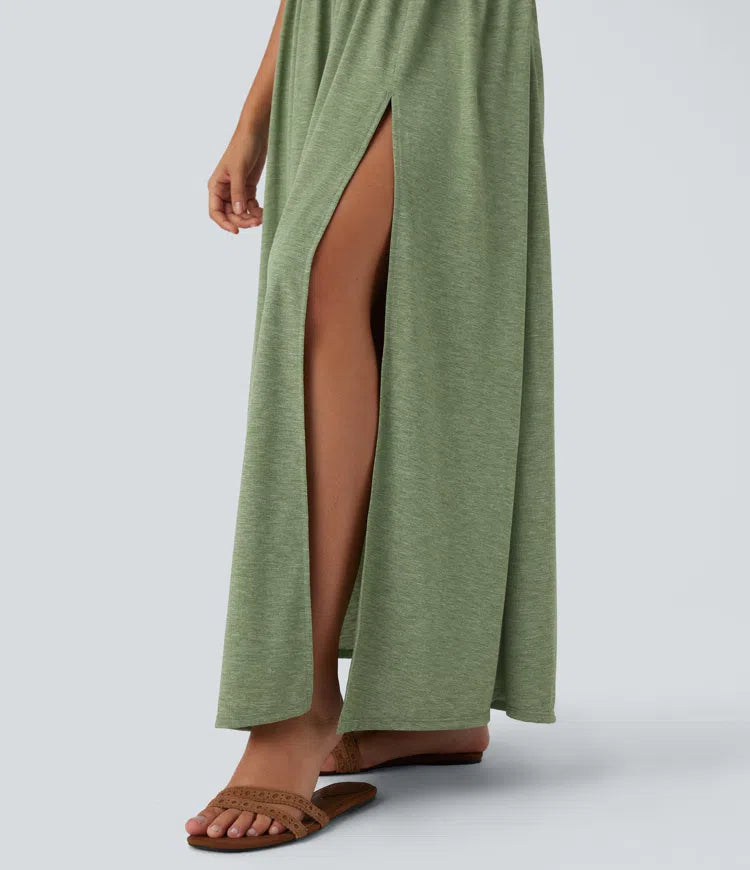 Twisted Backless Split Flowy Maxi Resort Dress with Pockets