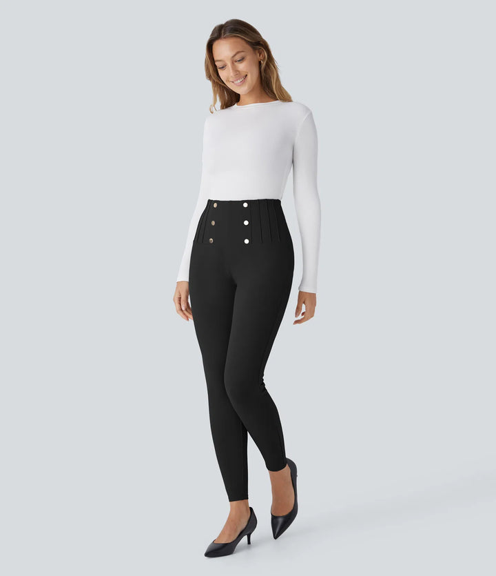 High Waisted Tummy Control Decorative Back Zipper Pockets Herringbone Work Pants