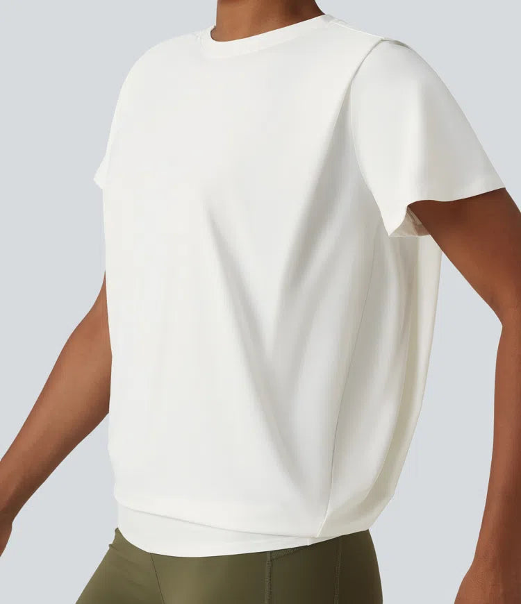 Round Neck Short Sleeve Ruched Cool Touch Yoga Sports Top-UPF50+