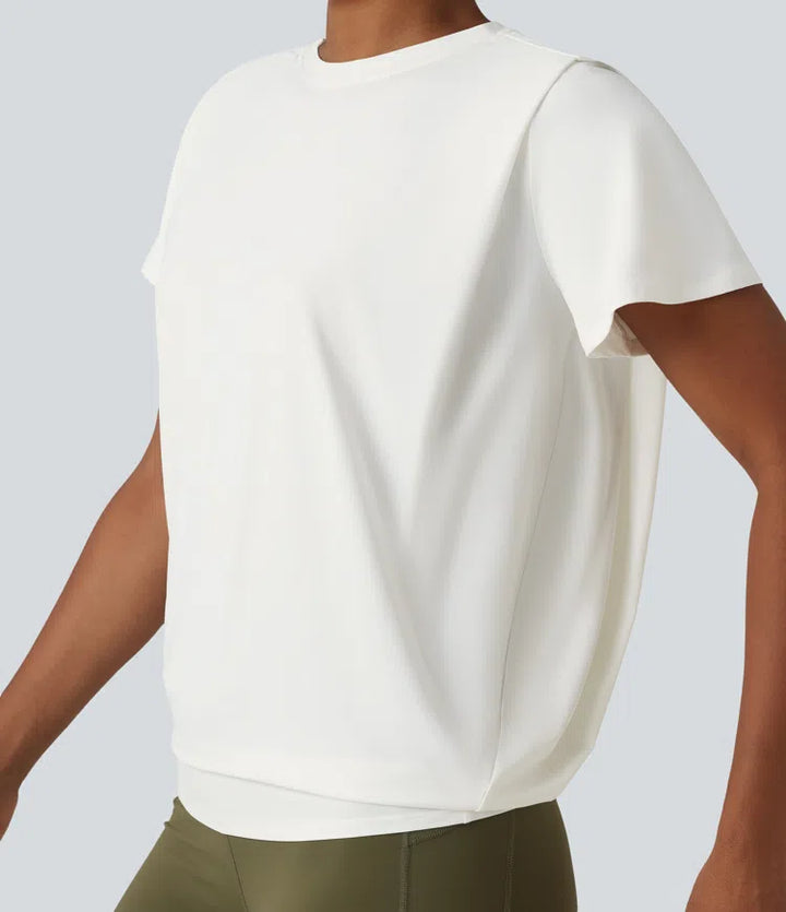 Round Neck Short Sleeve Ruched Cool Touch Yoga Sports Top-UPF50+