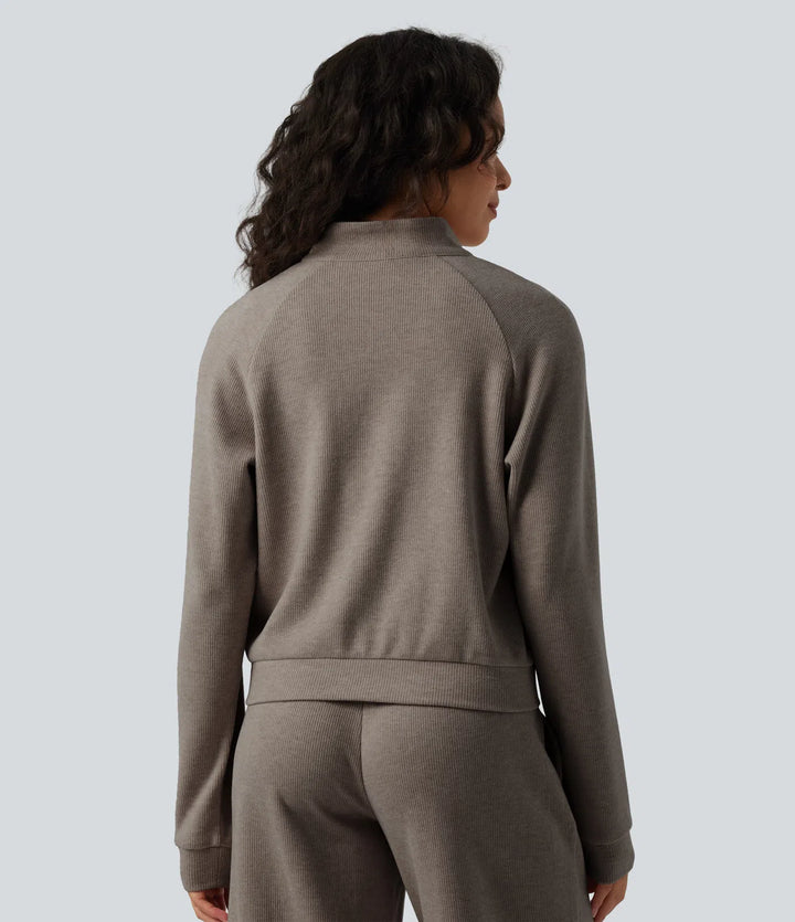 Ribbed Stand Collar Long Sleeve Zipper Casual Jacket with Pockets