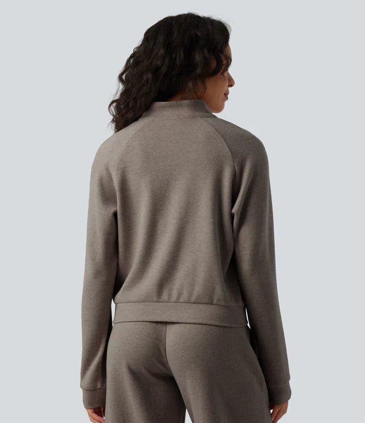 Ribbed Stand Collar Long Sleeve Zipper Casual Jacket with Pockets