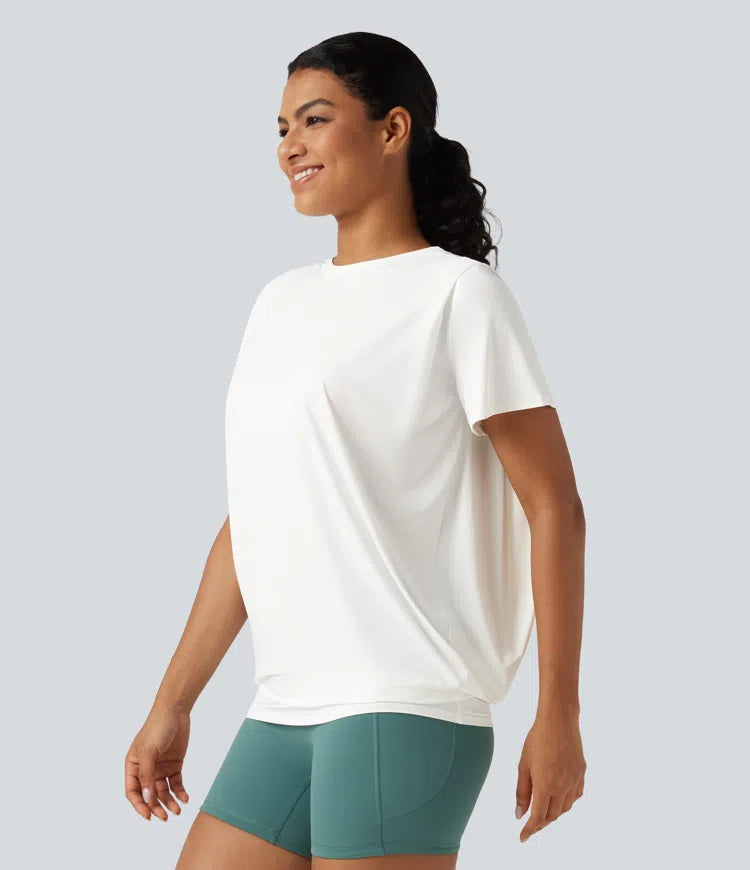 Round Neck Short Sleeve Ruched InstantCool Yoga Sports Top-Longer Length-UPF50+