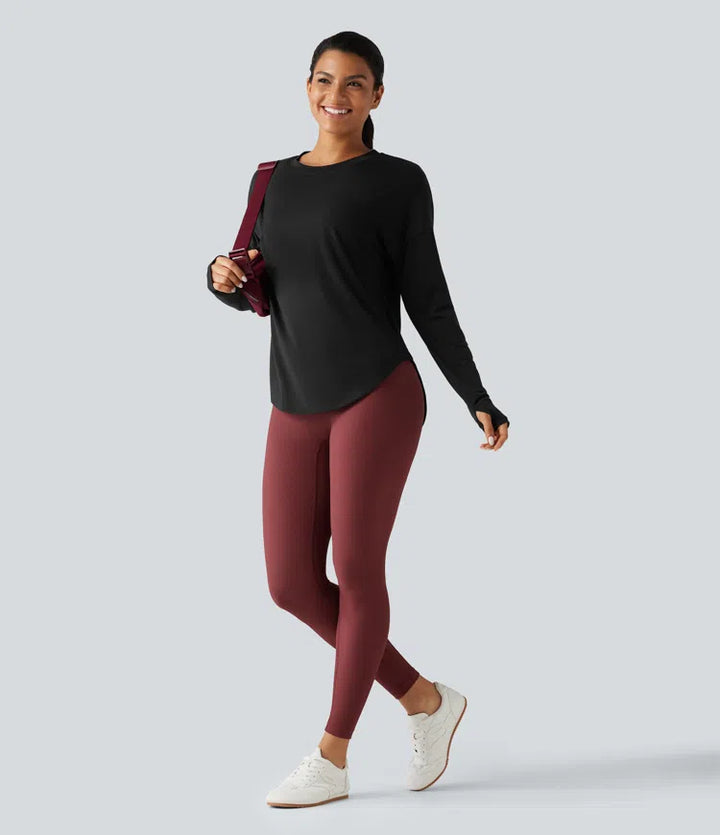 Round Neck Long Sleeve Thumb Hole Built-in Bra Quick Dry Yoga Sports Top
