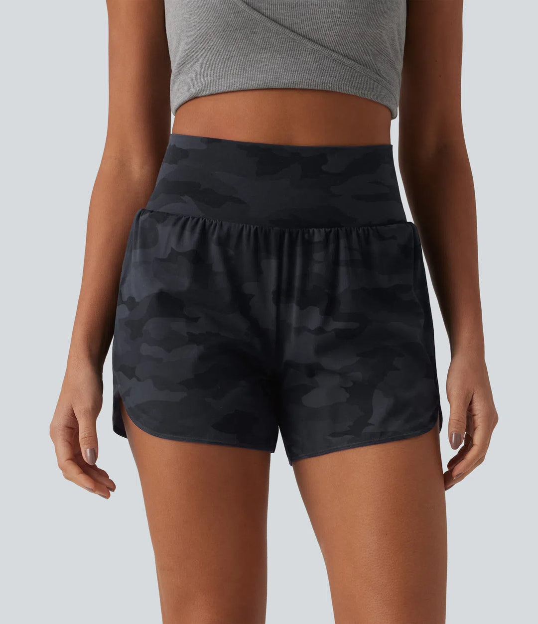 Halara UltraSculpt Camo Print High Waisted Tummy Control Curved Hem 2-in-1 Running Shorts 4" with Pocket