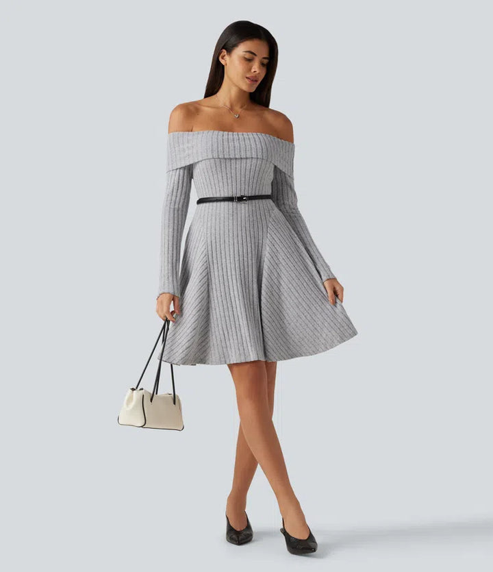 Ribbed Knit Off Shoulder Long Sleeve Built-in Bra Mini Casual Dress with Pockets