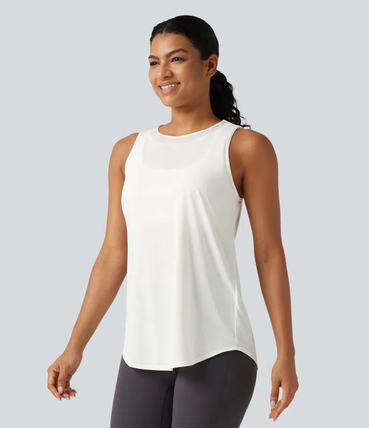Contrast Mesh Curved Hem Running Tank Top-Longer Length