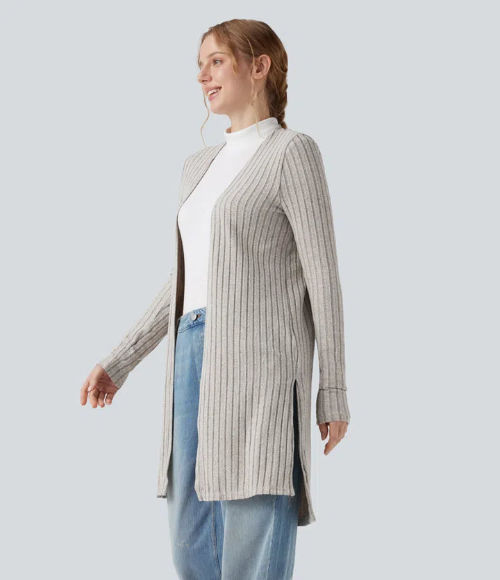 Ribbed Knit Long Sleeve Split Casual Cardigan