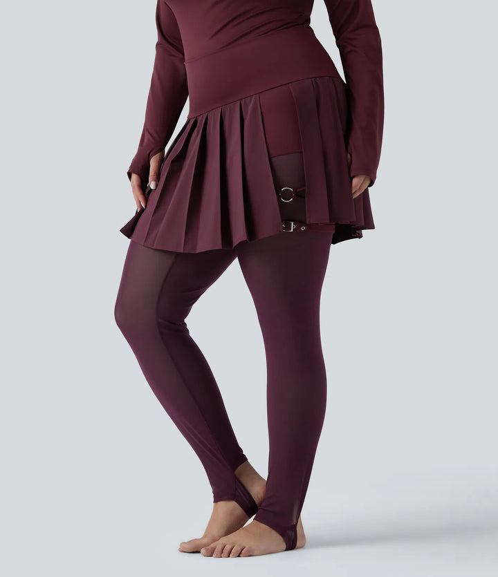 Breezeful High Waisted Pleated 2-in-1 Contrast Mesh Quick Dry Dance Plus Size Stirrup Skirted Leggings with Pockets