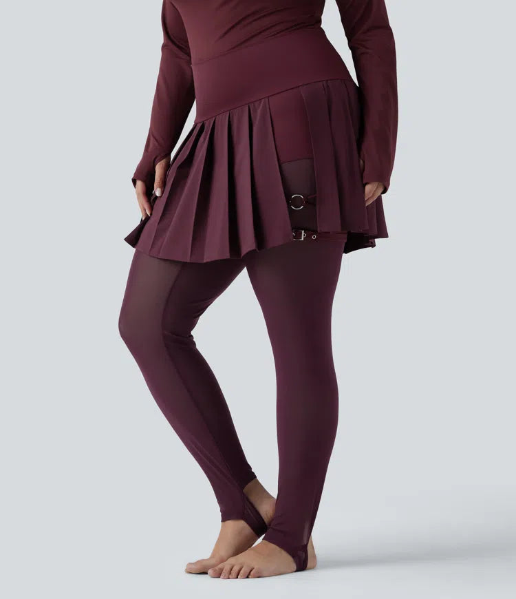 Breezeful High Waisted Pleated 2-in-1 Contrast Mesh Quick Dry Dance Plus Size Stirrup Skirted Leggings with Pockets