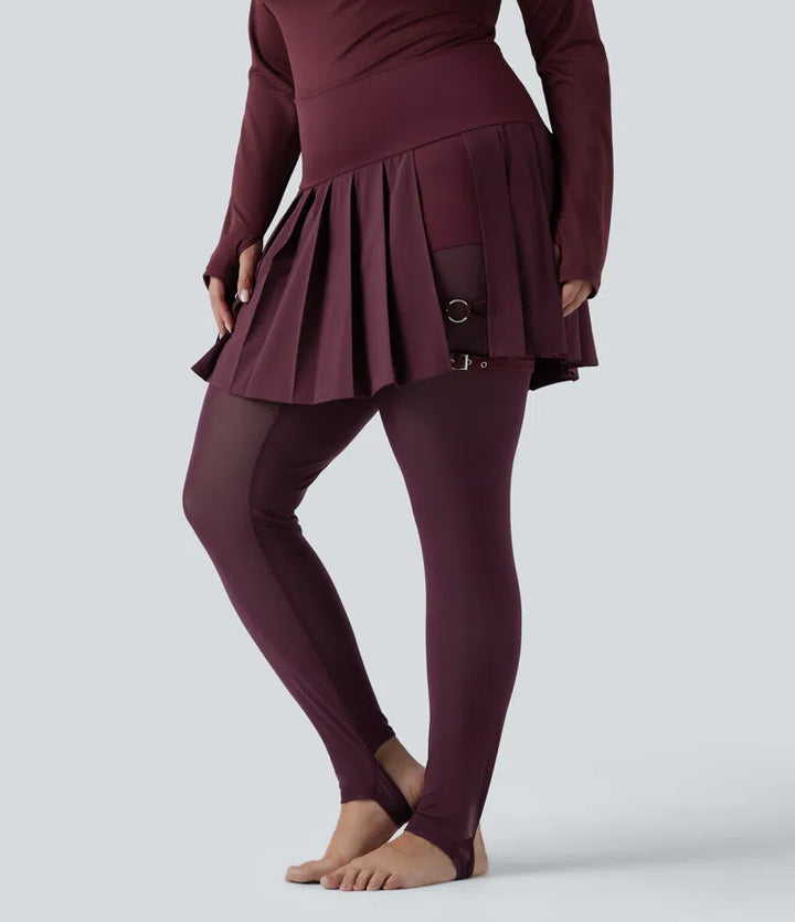 Breezeful High Waisted Pleated 2-in-1 Contrast Mesh Quick Dry Dance Plus Size Stirrup Skirted Leggings with Pockets