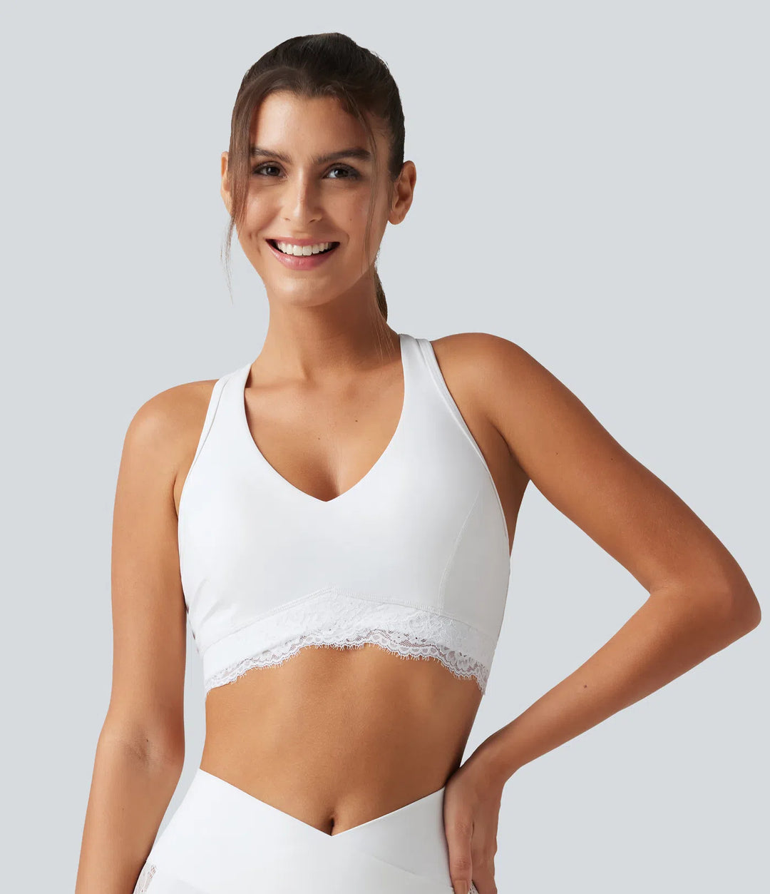 Halara UltraSculpt Low Support V Neck Built-in Bra Racerback Contrast Lace Workout Sports Bra