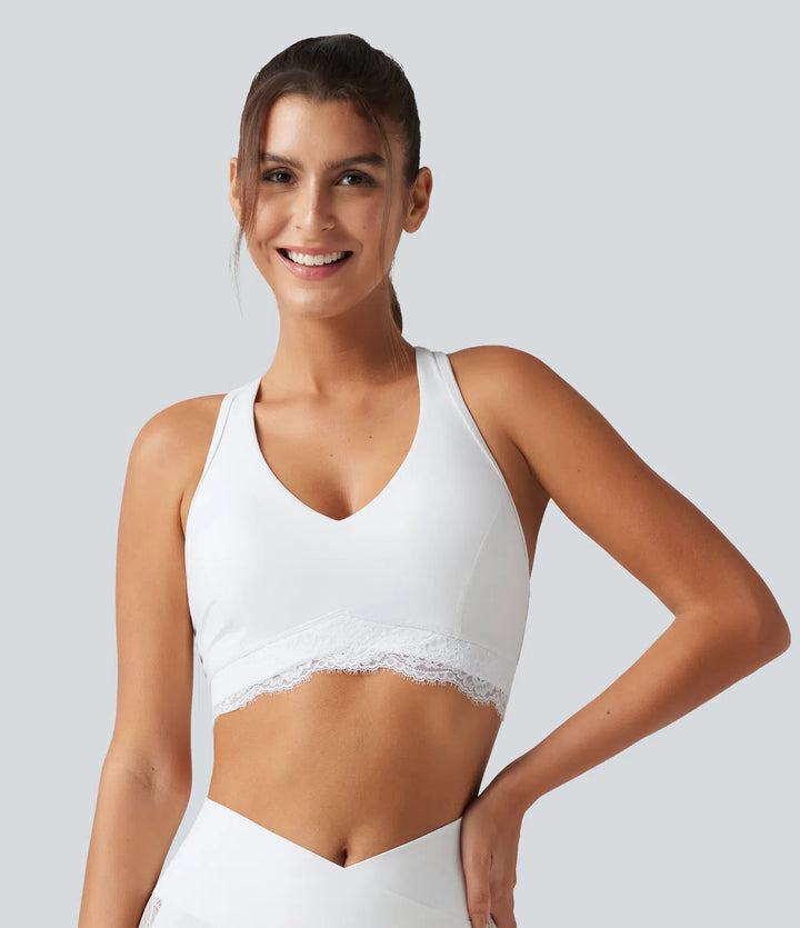 Halara UltraSculpt Low Support V Neck Built-in Bra Racerback Contrast Lace Workout Sports Bra