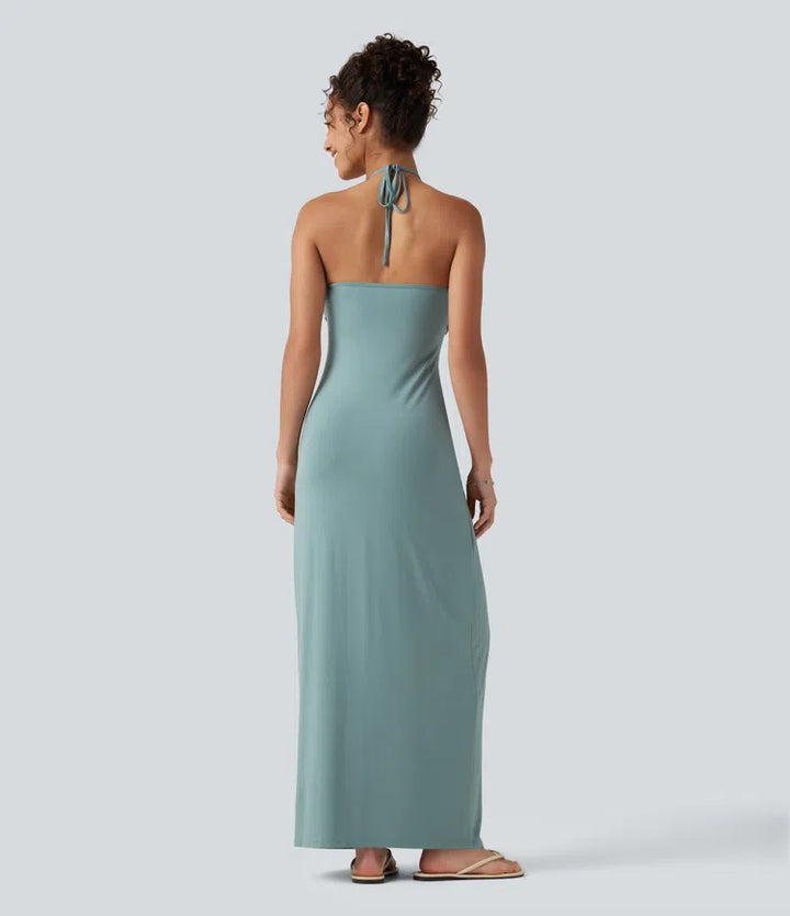 Halter Tie Back Built-in Bra Maxi Dress with Pockets