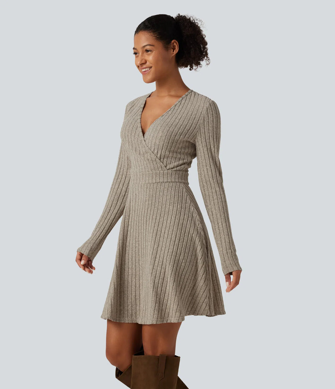 Ribbed Knit V-Neck Crossover Long Sleeve Mini Casual Dress