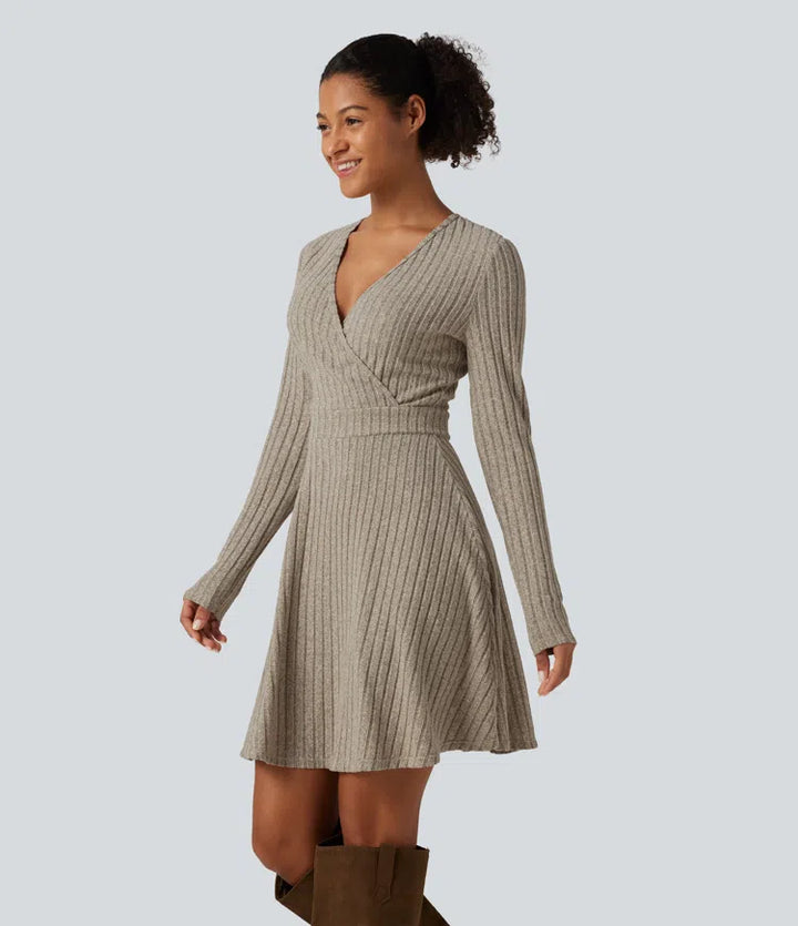 Ribbed Knit V-Neck Crossover Long Sleeve Mini Casual Dress