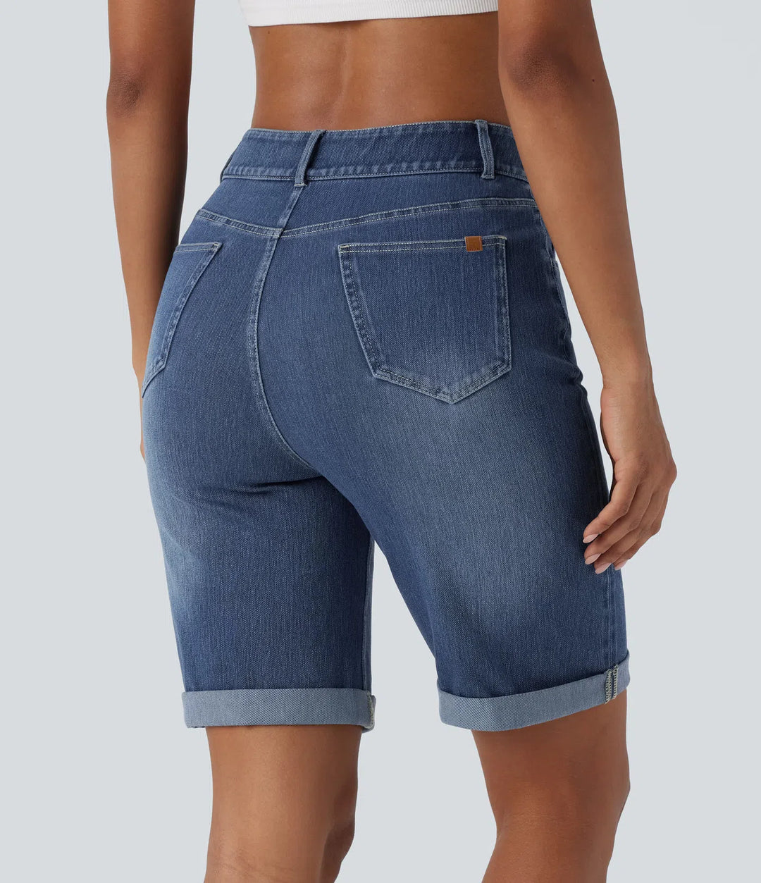 Halara Flex High Waisted Pockets Rolled Hem Washed Denim Casual Bermuda Shorts
