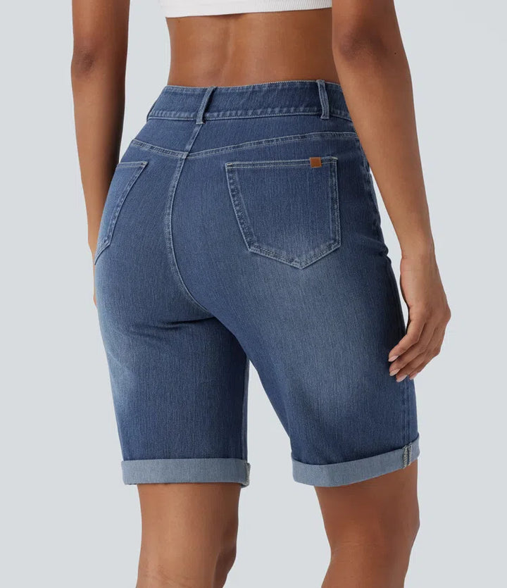 Halara Flex High Waisted Pockets Rolled Hem Washed Denim Casual Bermuda Shorts