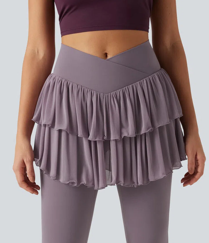 Softlyzero High Waisted Crossover Contrast Mesh Workout Skirted Leggings with Pockets