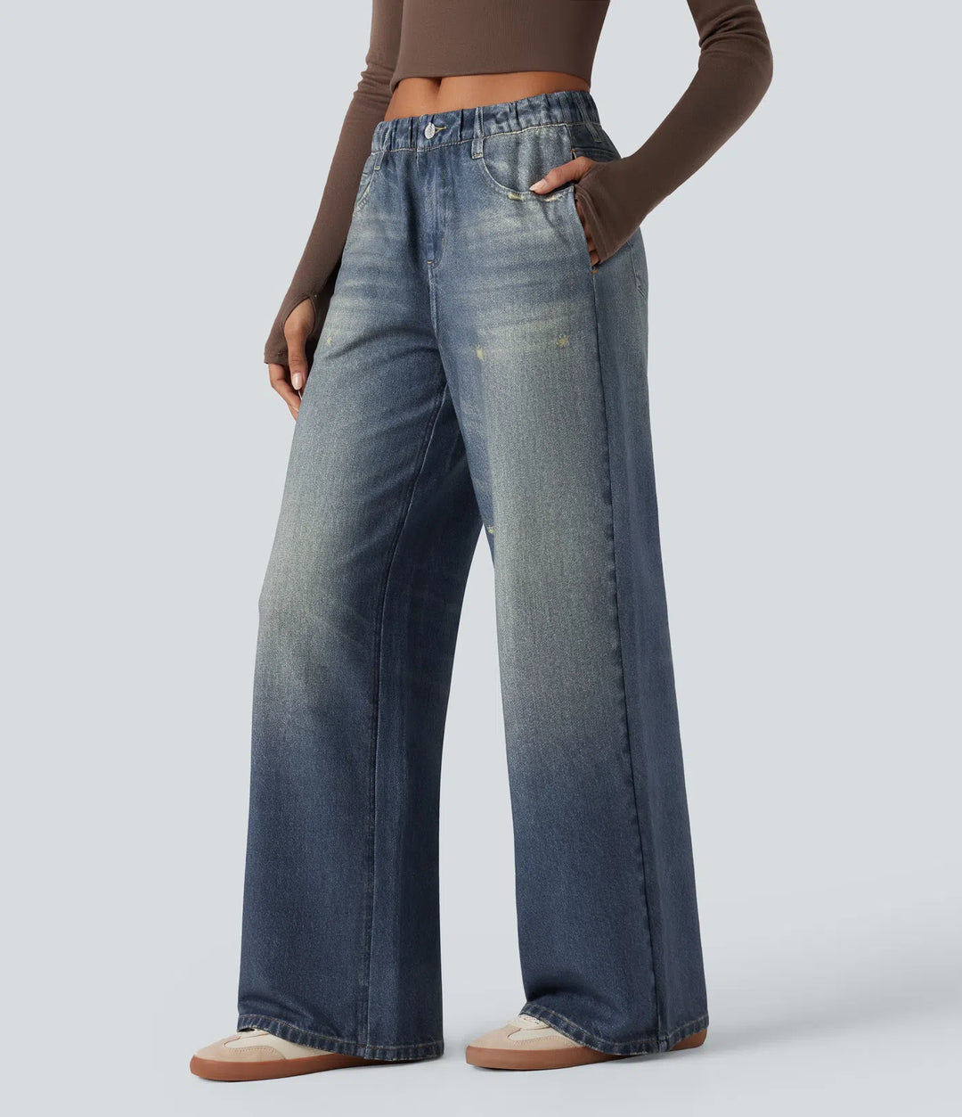 Mid Rise Denim Print French Terry Casual Sweatpants Jeans with Pockets