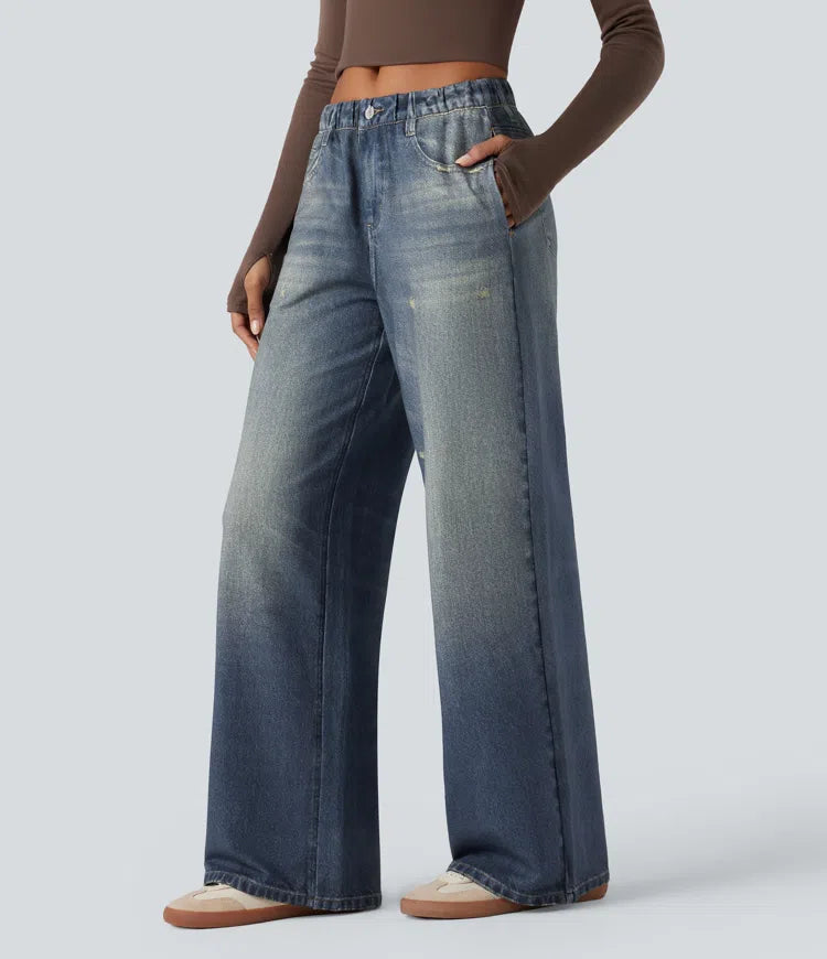 Mid Rise Denim Print French Terry Casual Sweatpants Jeans with Pockets