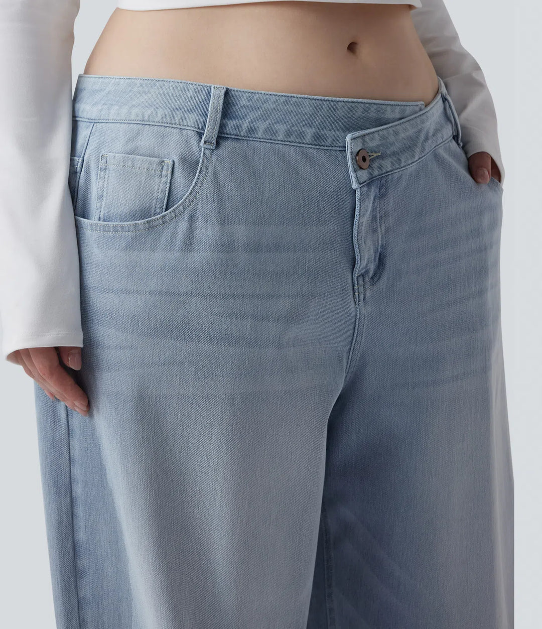 Plus Size Halara Flex Asymmetric Low Rise Wide Leg Washed Casual Jeans with Pockets