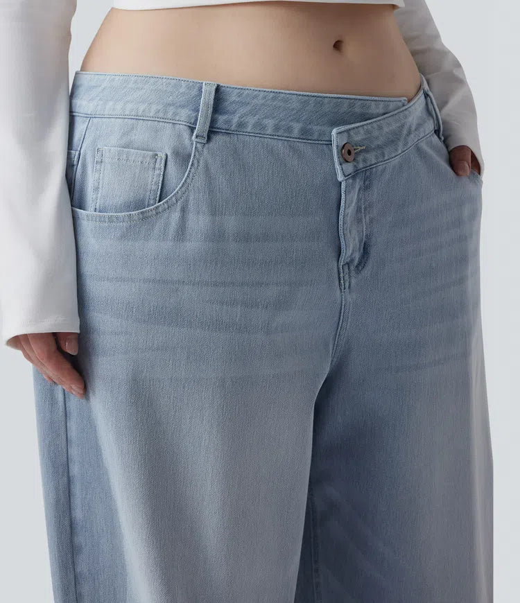 Plus Size Halara Flex Asymmetric Low Rise Wide Leg Washed Casual Jeans with Pockets