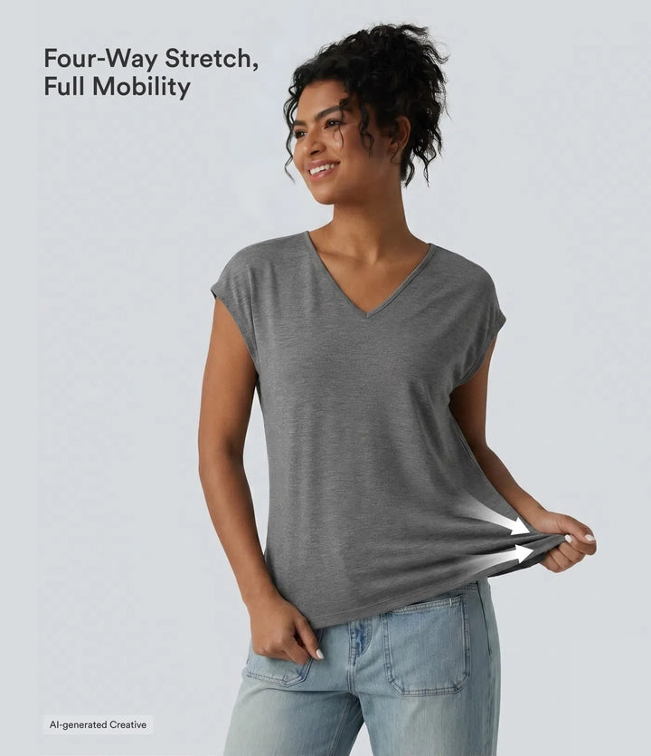 V Neck Short Sleeve Relaxed Heathered Casual T-Shirt