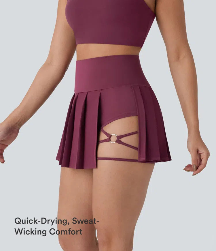 Breezeful High Waisted Pleated 2-in-1 Side &amp; Pocket Asymmetric Hem Quick Dry Mini Dance Skirt