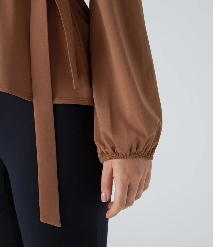 Shawl Collar Wrapped Tie Side Ruffle Hem Work Blouse