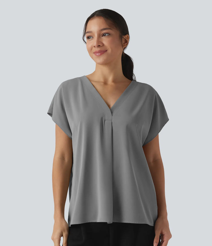 Wrinkle Recovery V-neck Short Sleeve Oversized Work Blouse