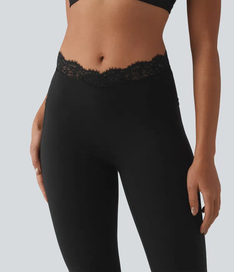 Halara UltraSculpt V-Shaped High Waisted Contrast Lace Yoga Flare Leggings with Pockets