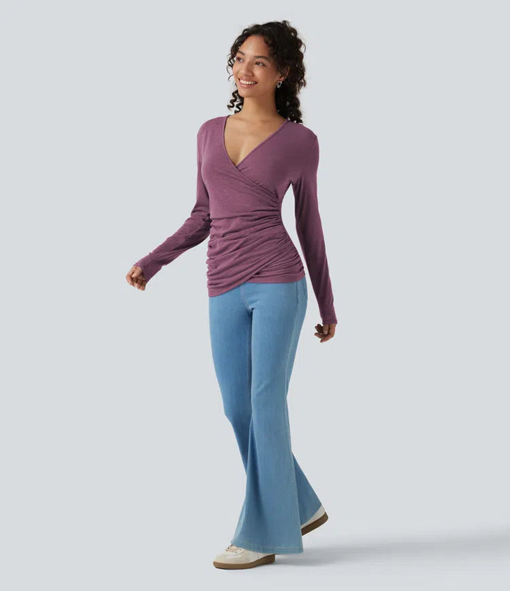 V Neck Long Sleeve Ruched Casual Top