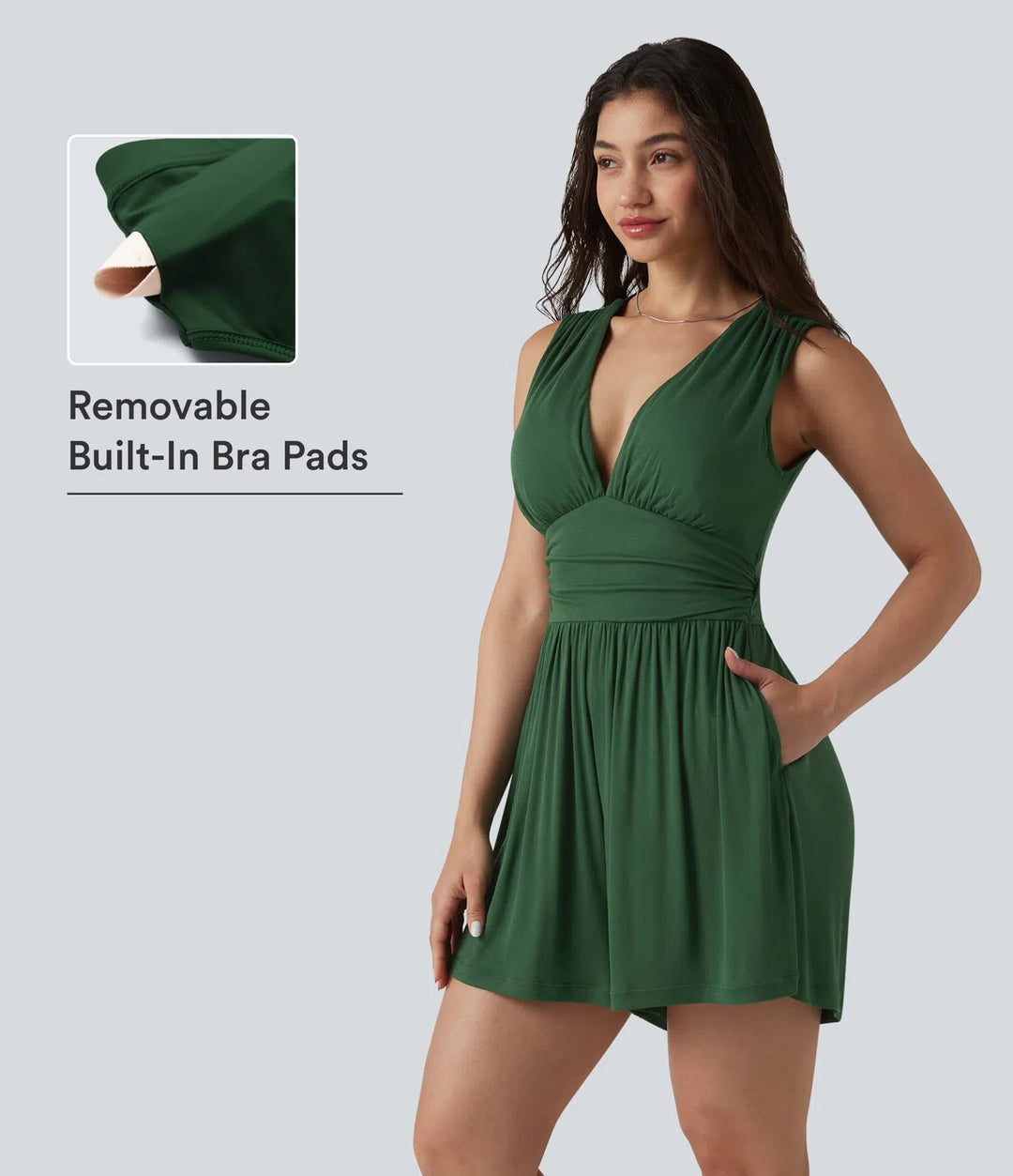 Ribbed V-neck Sleeveless Ruched Built-in Bra Casual Romper with Pockets-Easy Peezy