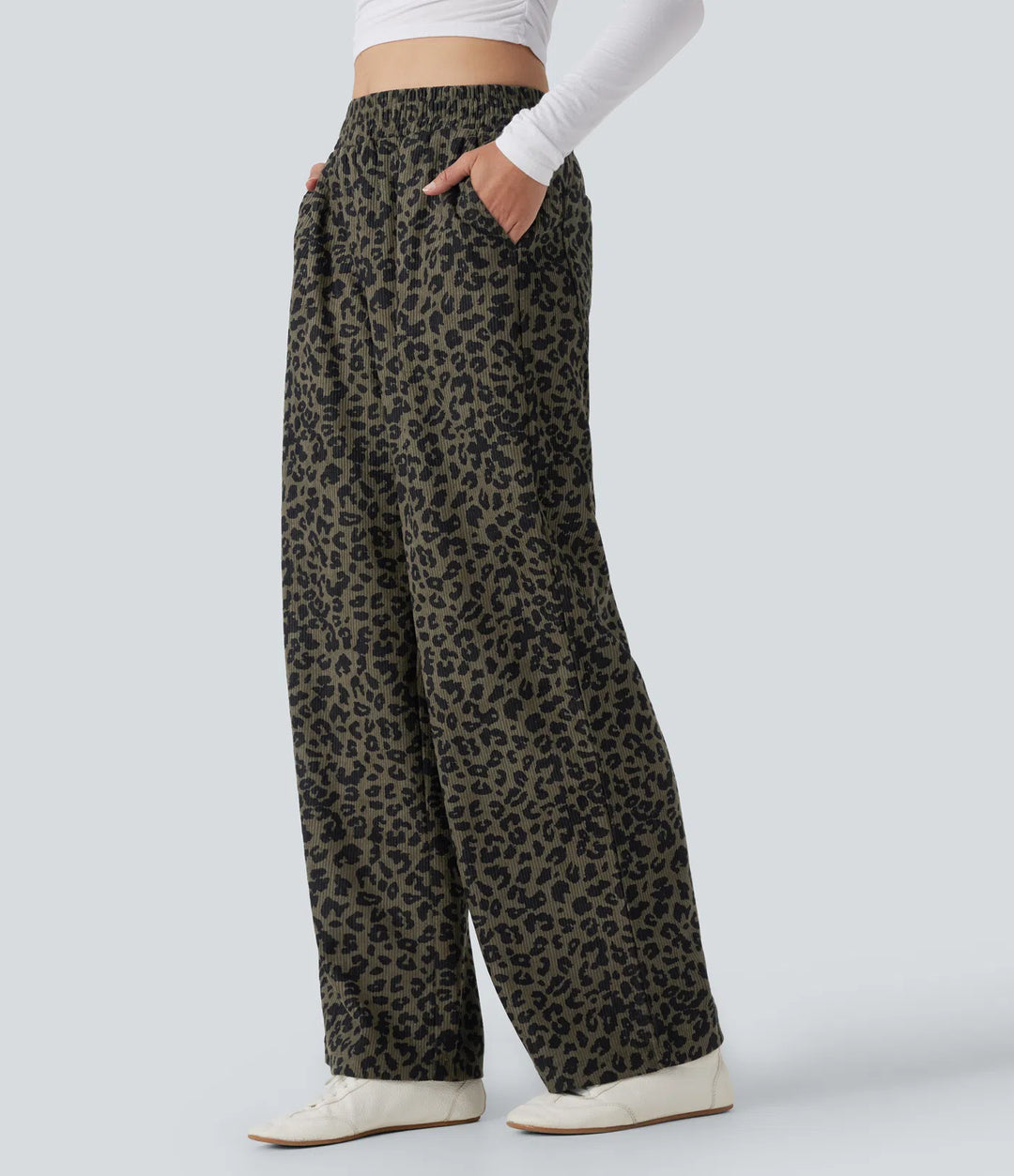 High Waisted Leopard Print Corduroy Casual Baggy Pants with Pockets