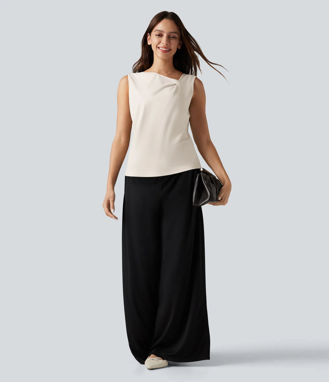 Asymmetric Cowl Neck Sleeveless Ruched Split Hem Work Top