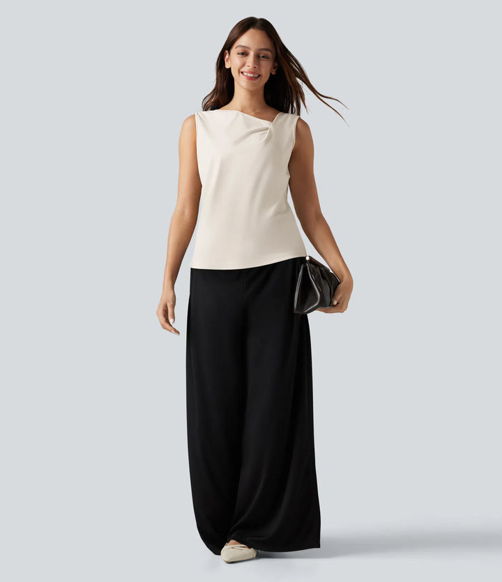 Asymmetric Cowl Neck Sleeveless Ruched Split Hem Work Top