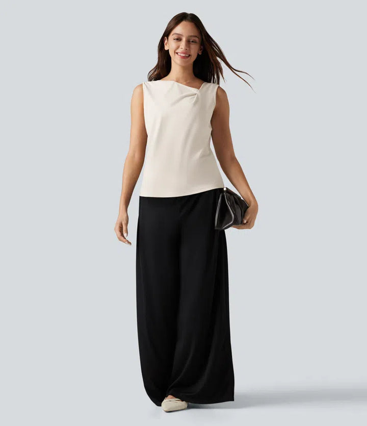 Asymmetric Cowl Neck Sleeveless Ruched Split Hem Work Top