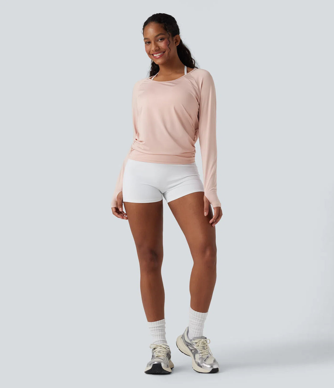 Cut-out Back Thumb Hole Ruched Relaxed Yoga Sports Top