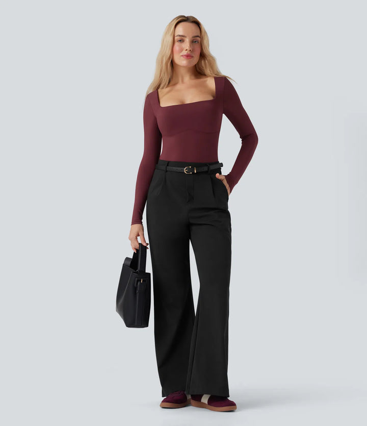 Square Neck Long Sleeve Built-in Bra Skinny Work Bodysuit