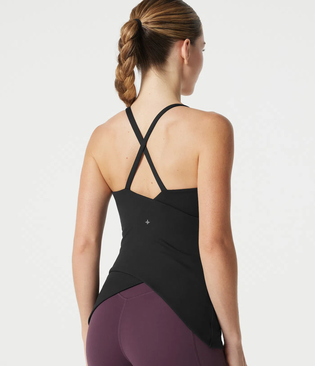 Scoop Neck Built-in Bra Crossover Hem Yoga Cami Top-Longer Length