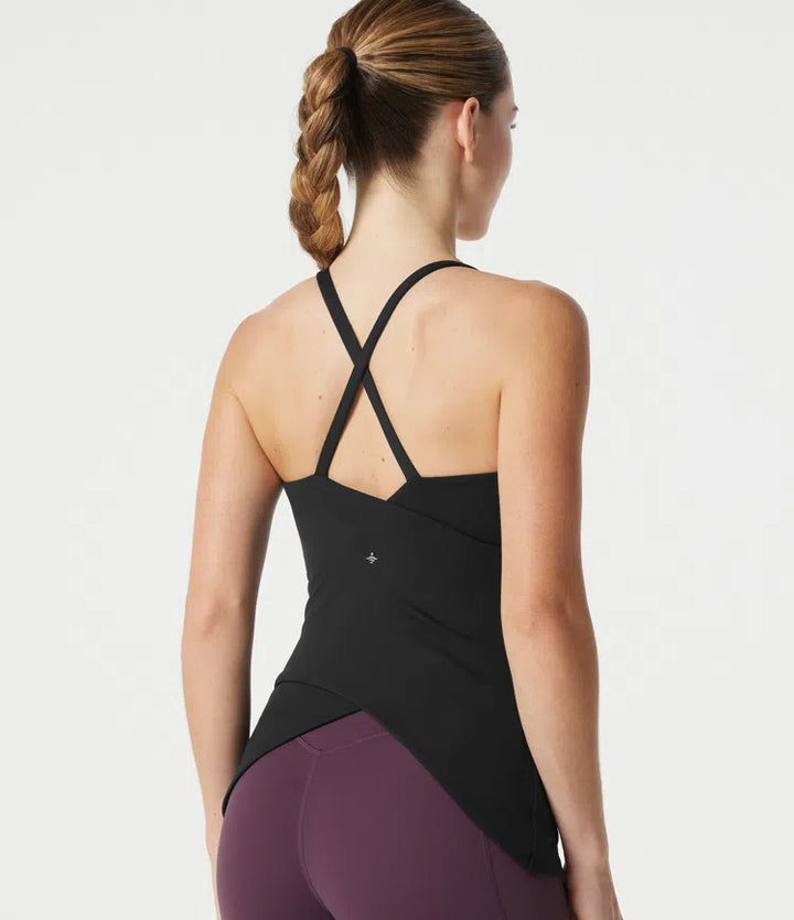 Scoop Neck Built-in Bra Crossover Hem Yoga Cami Top-Longer Length