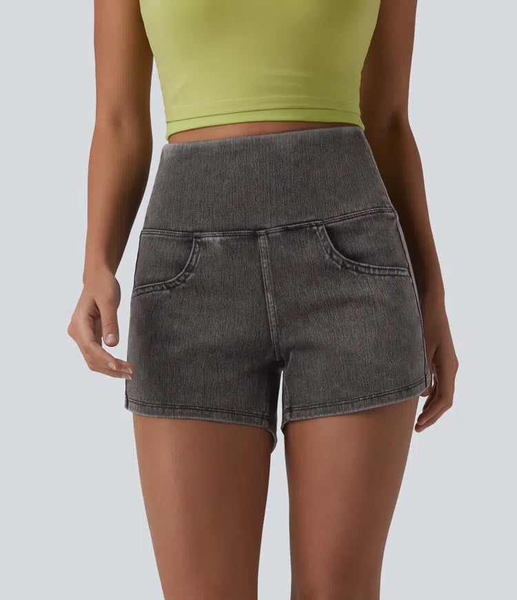 Halara Flex High Waisted Tummy Control Curved Hem Skinny Denim Casual Shorts with Pockets