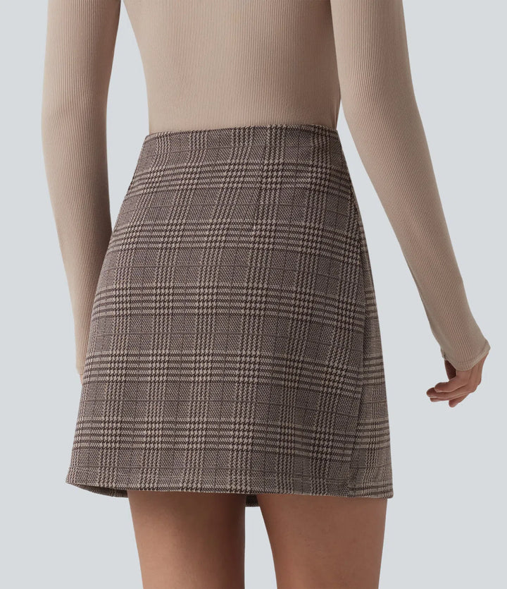 High Waisted 2-in-1 Houndstooth Plaid Mini Work Skirt-Longer Length