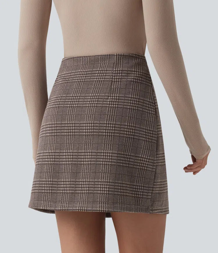 High Waisted 2-in-1 Houndstooth Plaid Mini Work Skirt-Longer Length