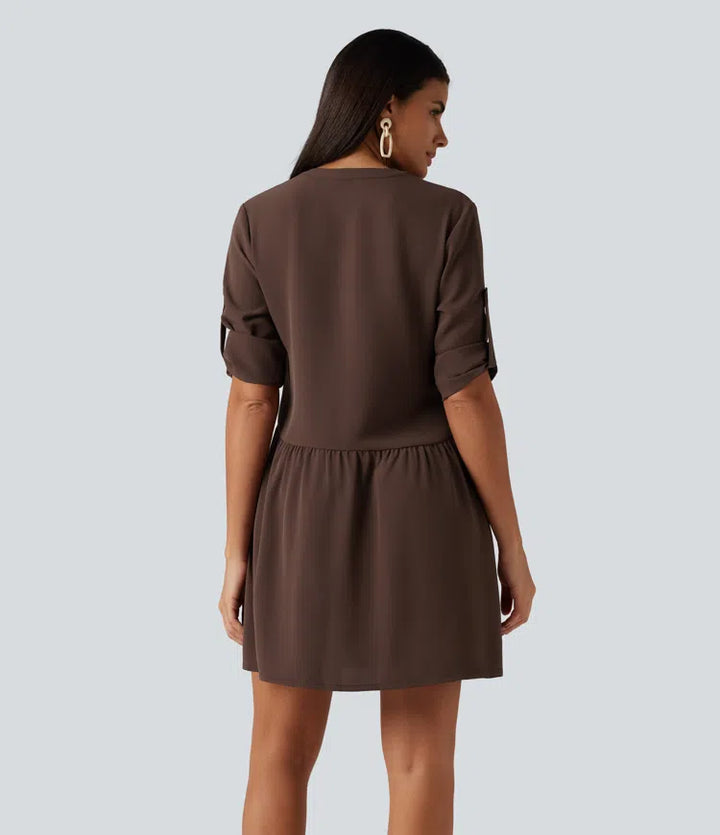Notched Collar Long Sleeve Mini Casual Shirt Dress with Pockets