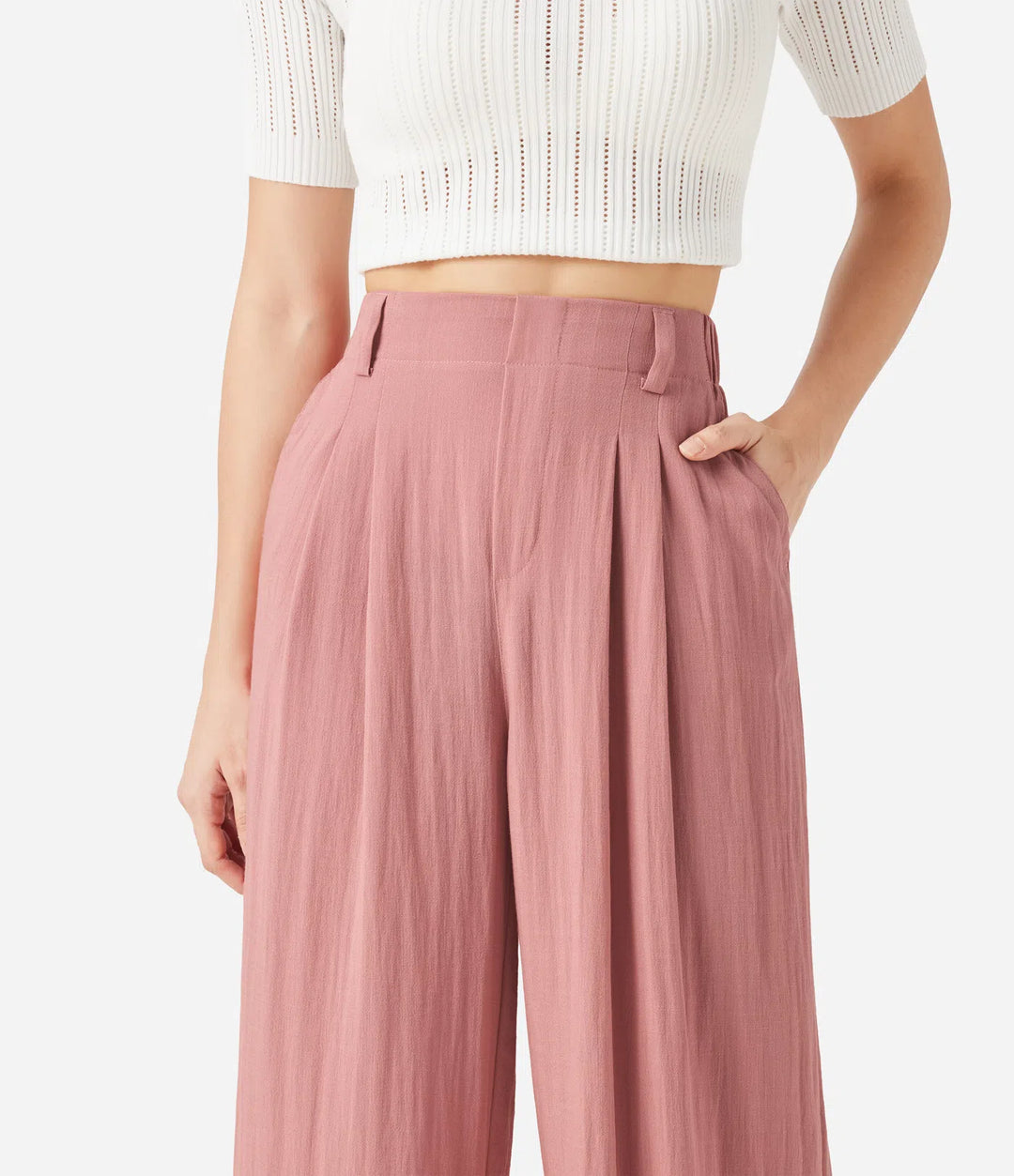 High Waisted Pocket Wide Leg Flowy Solid Palazzo Casual Linen-Feel Pants